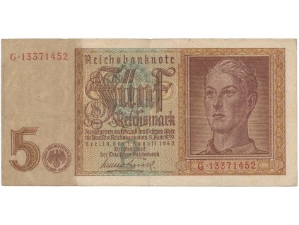 Německo, 5 Reichsmark 1942, 8-místný čísl., vodotisk s převrácenou "5", Hej.D1b1