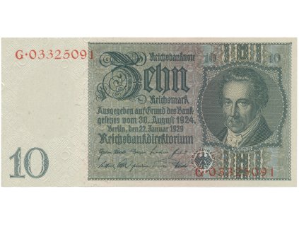 Německo, 10 Reichsmark 1929, válečná s průběžným vodotiskem, Hej.D2d