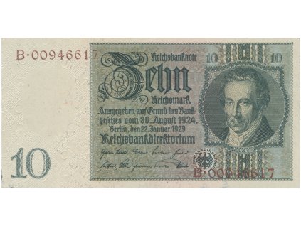Německo, 10 Reichsmark 1929, válečná s průběžným vodotiskem, hnědý číslovač, Hej.D2d