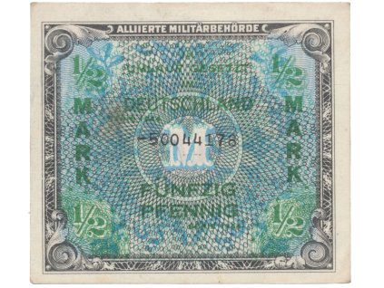 Okupační poukázky Allierte, 1/2 Mark 1944, tisk SSSR, 8-místný číslovač, Hej.AM1c
