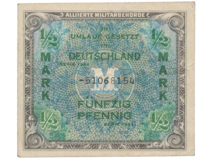 Okupační poukázky Allierte, 1/2 Mark 1944, tisk SSSR, 8-místný číslovač, Hej.AM1c