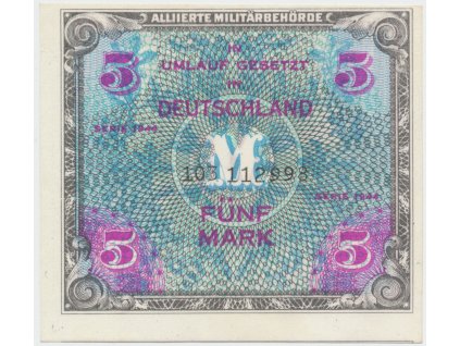Okupační poukázky Allierte, 5 Mark 1944, tisk SSSR, 9-místný číslovač, Hej.AM3c