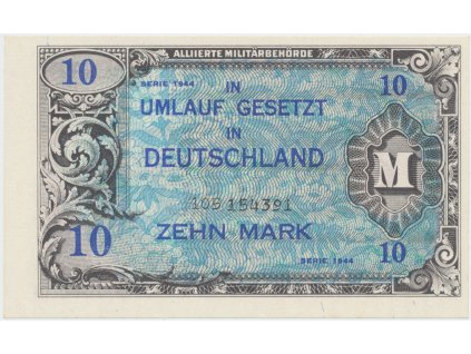 Okupační poukázky Allierte, 10 Mark 1944, tisk SSSR, 9-místný číslovač, Hej.AM4c
