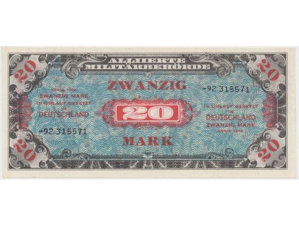 Okupační poukázky Allierte, 20 Mark 1944, tisk SSSR, 8-místný číslovač, Hej.AM5d