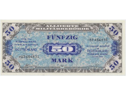 Okupační poukázky Allierte, 50 Mark 1944, tisk SSSR, 8-místný číslovač, Hej.AM6d