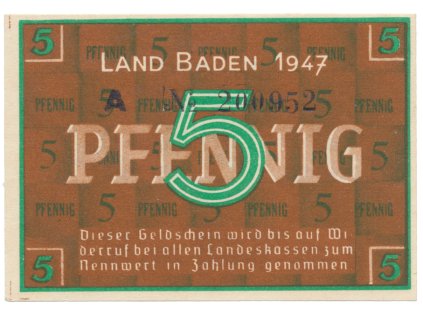 Německo - francouzská okupační zóna, Baden, 5 Pfennig 1947, Ros.208b