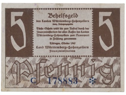 Německo - francouzská okupační zóna, Württemberg, 5 Pfennig 1947, Ros.214b