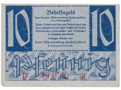 64384 64384 64384 nemecko francouzska okupacni zona wurttemberg 10 pfennig 1947 ros 215b