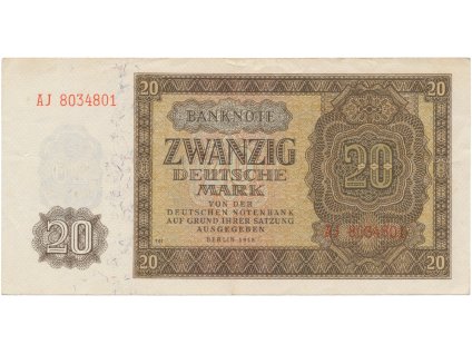 Německo - NDR, 20 DM 1948, tisk NDR (1952), 7-místný číslovač, Ros.344d