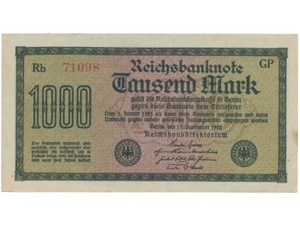 Německo, 1000 Mark 1922, vod. Wellen, vzácné 5-místné číslo, Ro.75p