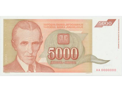 Jugoslávie, 5000 Dinara 1993, anulát AA 0000000, P.128