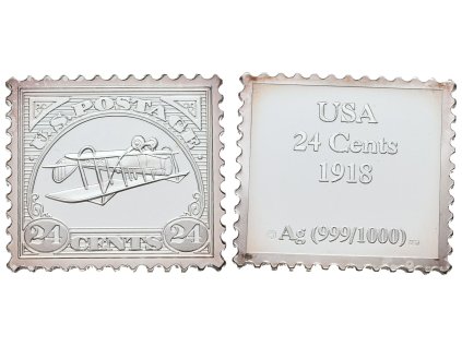 Stříbrná známka - Americká 'Obrácená Jenny' z roku 1918 - Ag 6 g - 999/1000