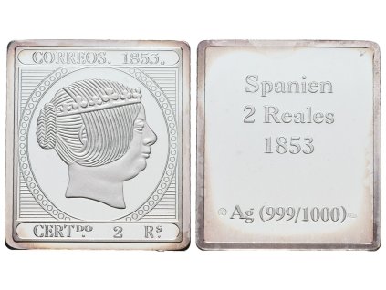 Stříbrná známka - Španělsko - královna Isabela z roku 1853 - Ag 7 g - 999/1000
