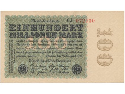 Německo, 100 Millionen Mark 1923, Kreuzblütten, Ro.106h