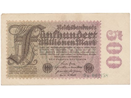 75100 75100 75100 nemecko 500 millionen mark 1923 vodoznak kreuzblutten ro 109b