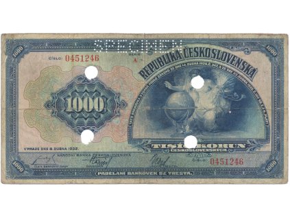 78445 1000 koruna 1932 serie a specimen skatracni otvory hej 26a s5