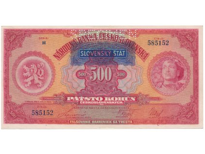 500 Koruna 1929/1939 + přetisk, série H, SPECIMEN, Hej.44a.S1