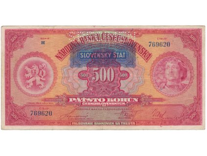 500 Koruna 1929/1939 + přetisk, série H, SPECIMEN, Hej.44a.S1