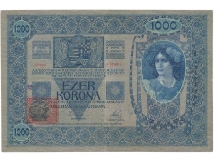 Československo, 1000 Koruna 1902 + kolek 1919, Hej.6