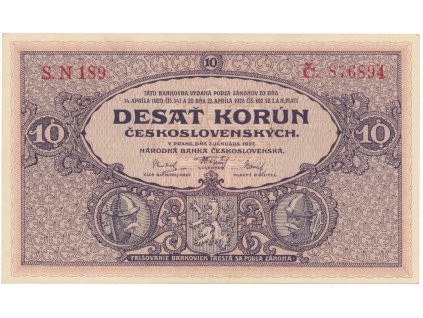 Československo, 10 Koruna 1927, série N, tisk TB NBČS, Hej.22bN