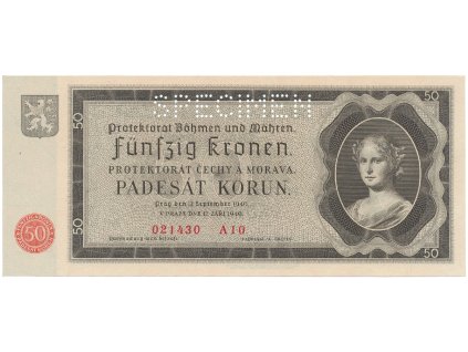 Protektorát Čechy a Morava, 50 Koruna 1940, perf. 1x SPECIMEN, Hej.34a.S1