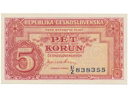 17262 ceskoslovensko 5 koruna b d 1945 perforace 3 md svisle hej 70a s1