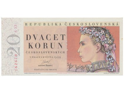 17424 17424 ceskoslovensko 20 koruna 1949 i vydani perforace 3 md svisle hej 84a s1