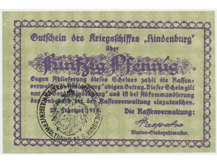 Německo - nouzovky, Křižník Hindenburg, 50 Pfennig 25. 2. 1919