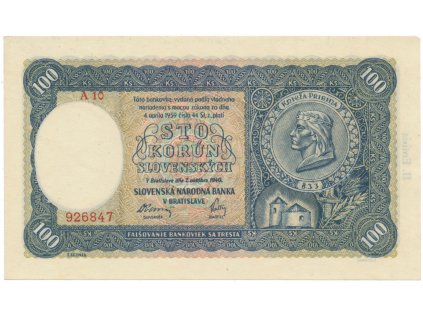 Slovensko, 100 Koruna 1940, II. vydání, série A 10, Hej.49a2