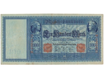 Německo, 100 Mark 1910, červený číslovač, modrý papír, Ro.43b