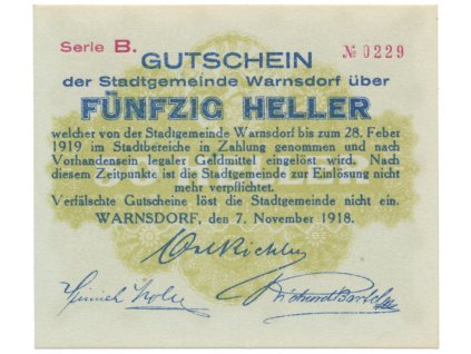 Warnsdorf (Varnsdorf) - město, 50 hal  7. 11. 1918, HH.245.2.1