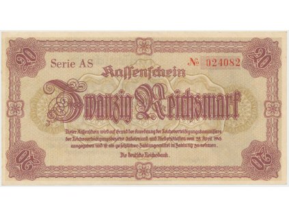 43470 43470 reichenberg liberec deutsche reichsbank 20 k 28 4 1945 serie as hh 188 1 1a