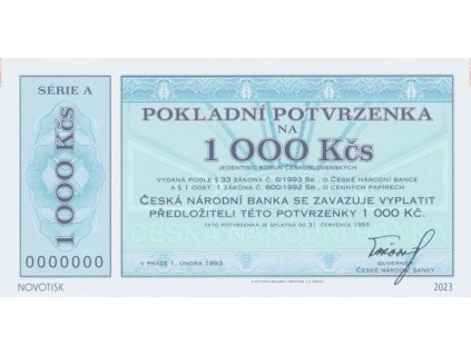 Česká republika, 1000 Kčs 1. 2. 1993, Hej.CZ-, součást kompletu novotisků vytištěných STC Praha, náklad 500 ks