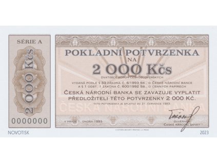 Česká republika, 2000 Kčs 1. 2. 1993, Hej.CZ1, součást kompletu novotisků vytištěných STC Praha, náklad 500 ks