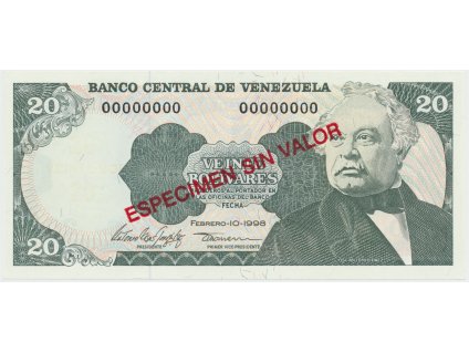 49843 49843 venezuela 20 bolivares 1998 anulat especimen sin valor p 63fs
