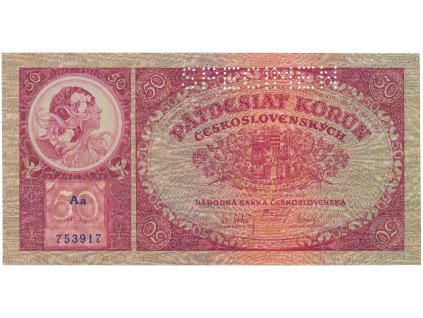 57529 ceskoslovensko 50 koruna 1929 prvni serie aa tisk tb nbcs perf 1x specimen hej 24b s1