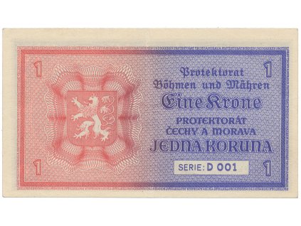 Protektorát Čechy a Morava, 1 Koruna b.d. (1940), tisk TB NBČM, první série D001, Hej.30aD