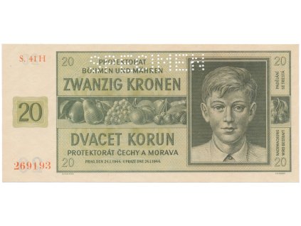 57790 2 20 koruna 1944 serie h specimen hej 40c s1