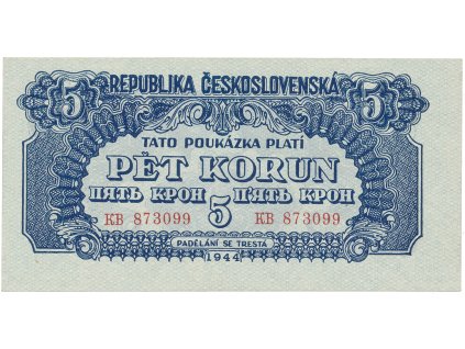 Československo, 5 Koruna 1944, vodorovný podtisk, Hej.57a