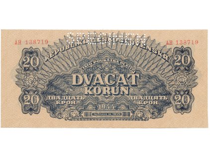 58123 ceskoslovensko 20 koruna 1944 cislovac 19 mm perf 1x specimen nahore hej 58a s1