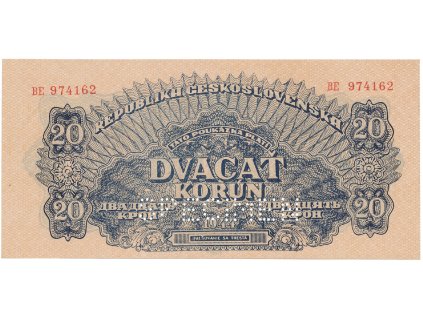 58126 ceskoslovensko 20 koruna 1944 cislovac 19 mm perf 1x specimen dole hej 58a s2