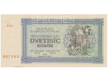 58168 ceskoslovensko 2000 koruna 1945 serie s 1 cislem 1x specimen nahore hej 69a1 s1