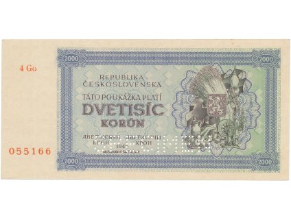 Československo, 2000 Koruna 1945, série s 1 číslem, 1x SPECIMEN dole, Hej.69a1.S2