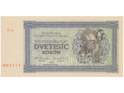 58183 ceskoslovensko 2000 koruna 1945 serie s 1 cislem 1x specimen dole hej 69a1 s2
