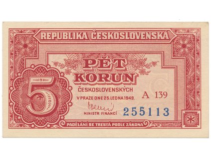 Československo, 5 Koruna 1949, série A 100 - 169, neperforovaná, Hej.83a3