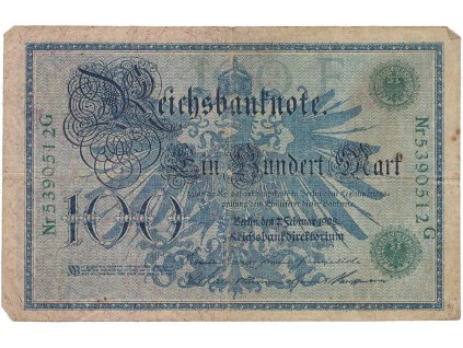 Německo, 100 Mark 1908, zelený číslovač, Ro.34