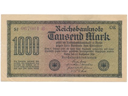 Německo, 1000 Mark 1922, vod. Kreuzblütten, fialové číslo, Ro.75k
