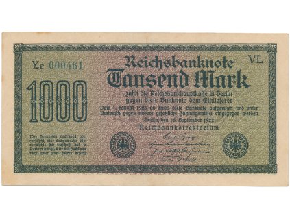 Německo, 1000 Mark 1922, vod. Gitter, modrozelené 6-místné číslo, Ro.75n