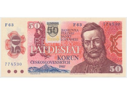 50 Koruna / 1987, kolkovaná 1993, série F 63, bankovní vzor, Hej.SK2bF.V1
