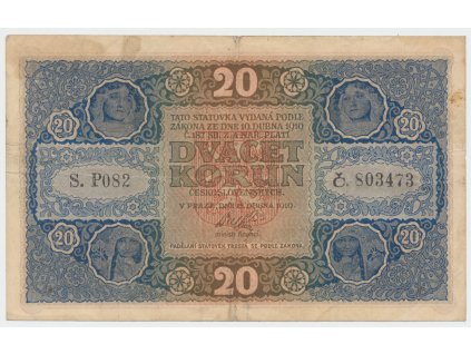 Československo, 20 Koruna 1919, série P 082, tisk Národní Politika Praha, Hej.10a
